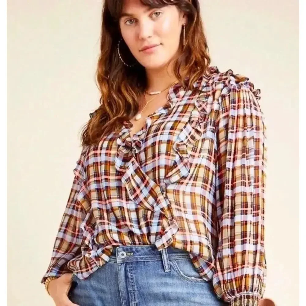 Anthropologie Plaid Ruffle Blouse - Brown, Blue, White - Picture 11 of 11